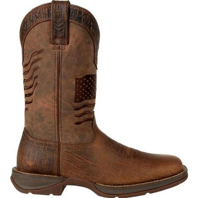 #DDB0314, Rebel™ by Durango® Brown Distressed Flag Embroidery Western Boot