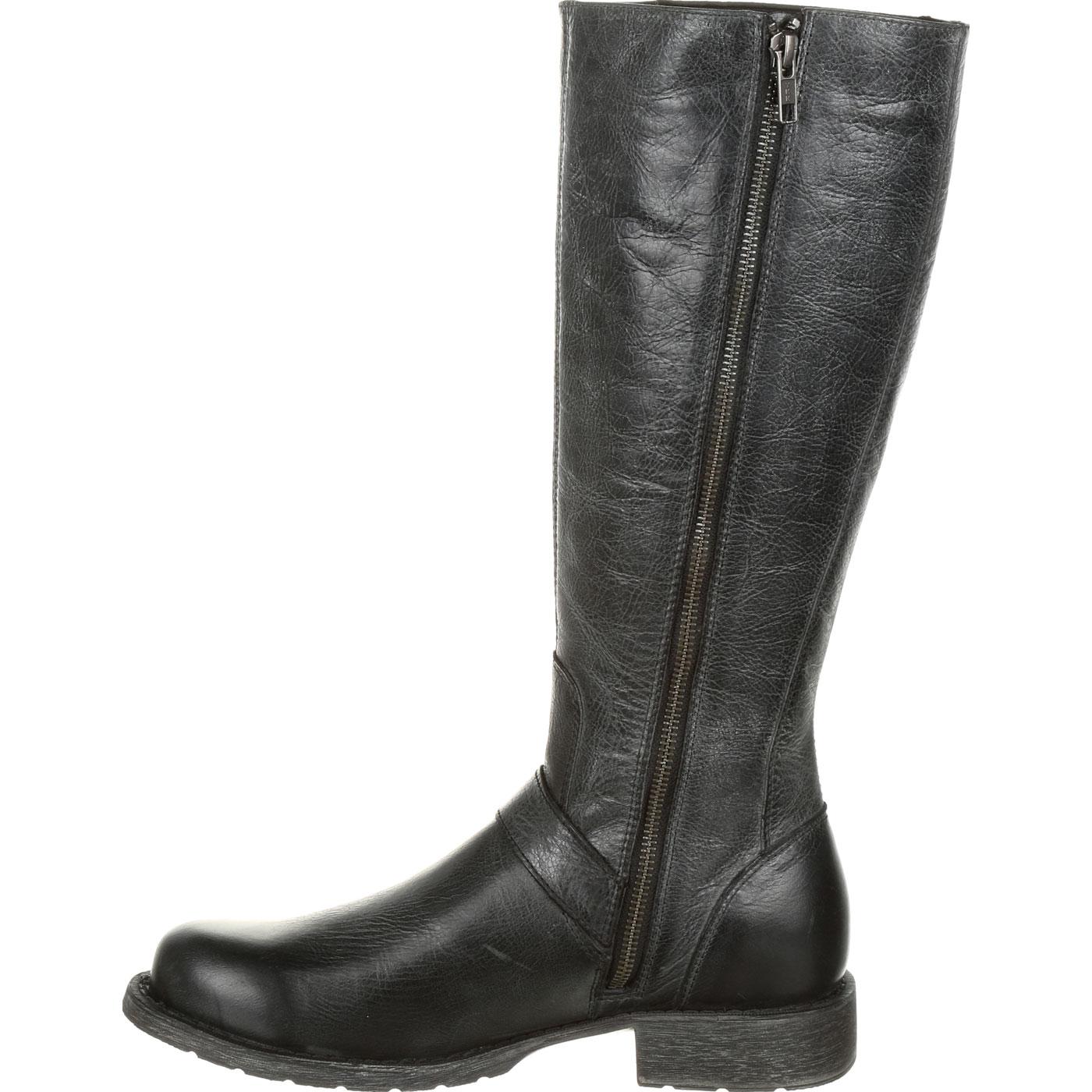 distressed black riding boots